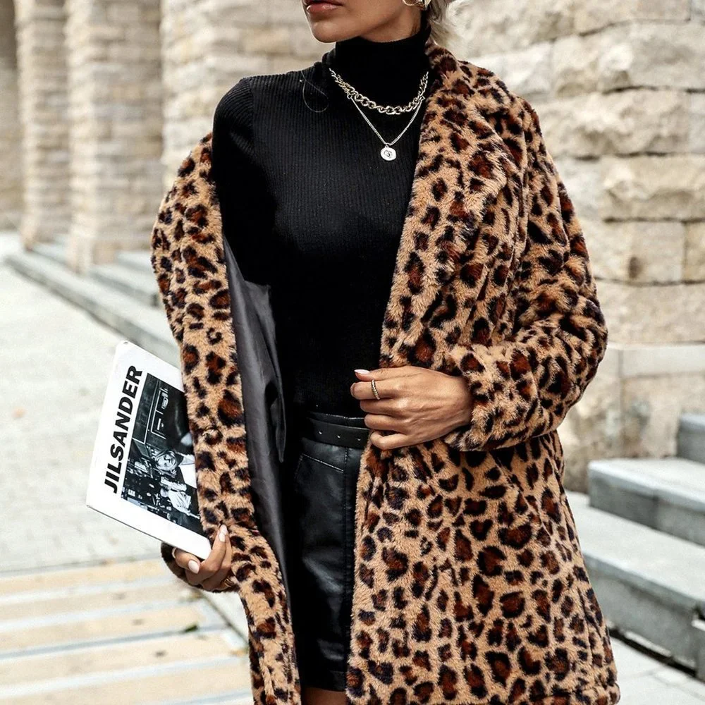Multicolor Preppy Womens Leopard Print Open Front Fuzzy Coat - Picture 5 of 6